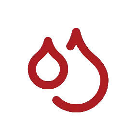 Red symbol resembling a stylized fish on a white background