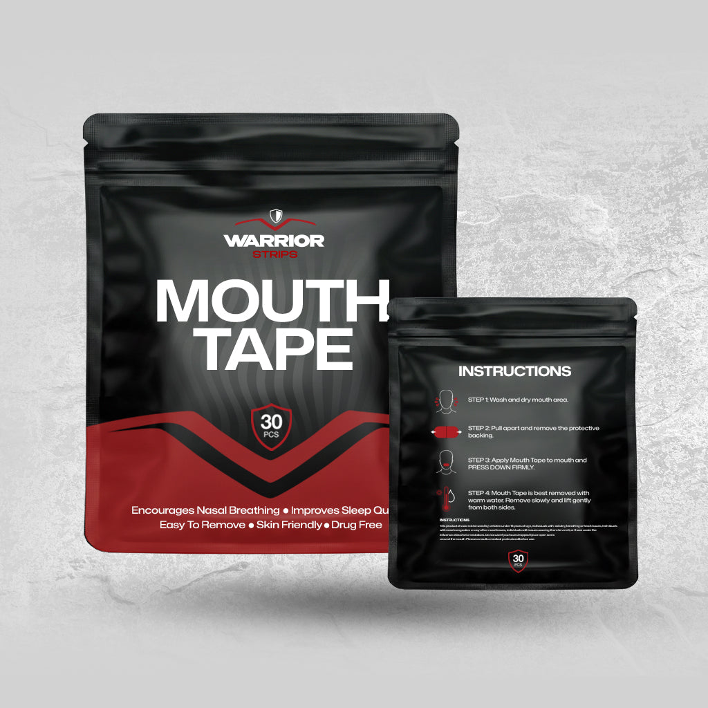 Warrior Sports Mouth Tape packaging with black and red design on a gray background