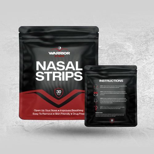 Black and red packaging of Warrior Nasal Strips on a gray background