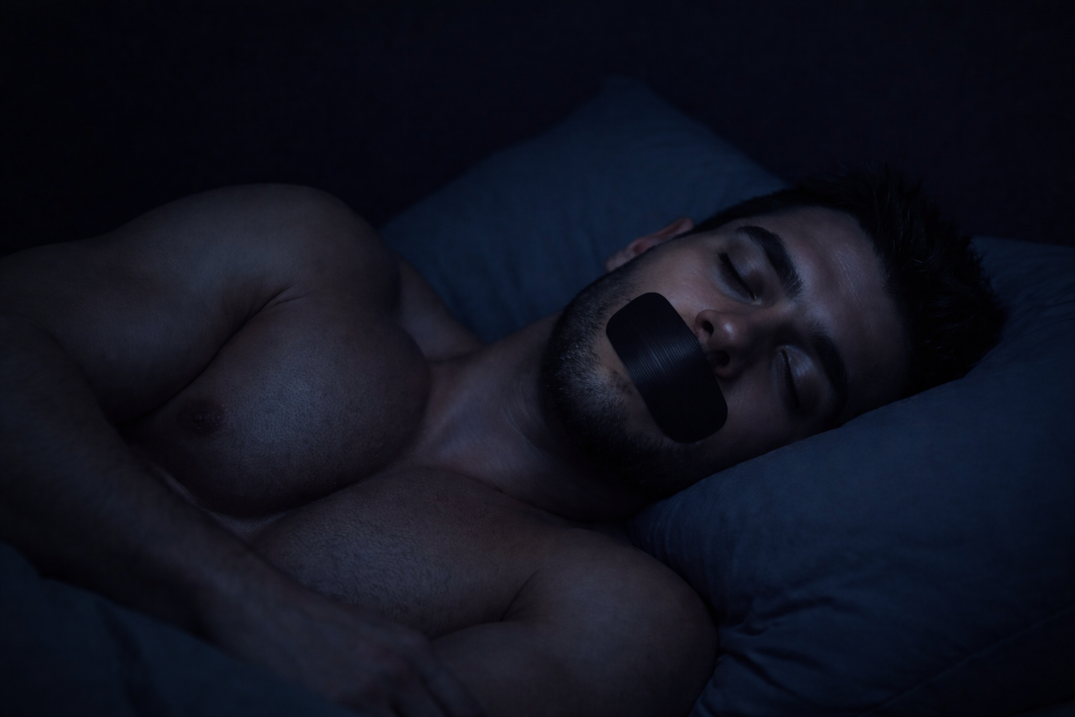 Man sleeping with mouth open in a dark bedroom