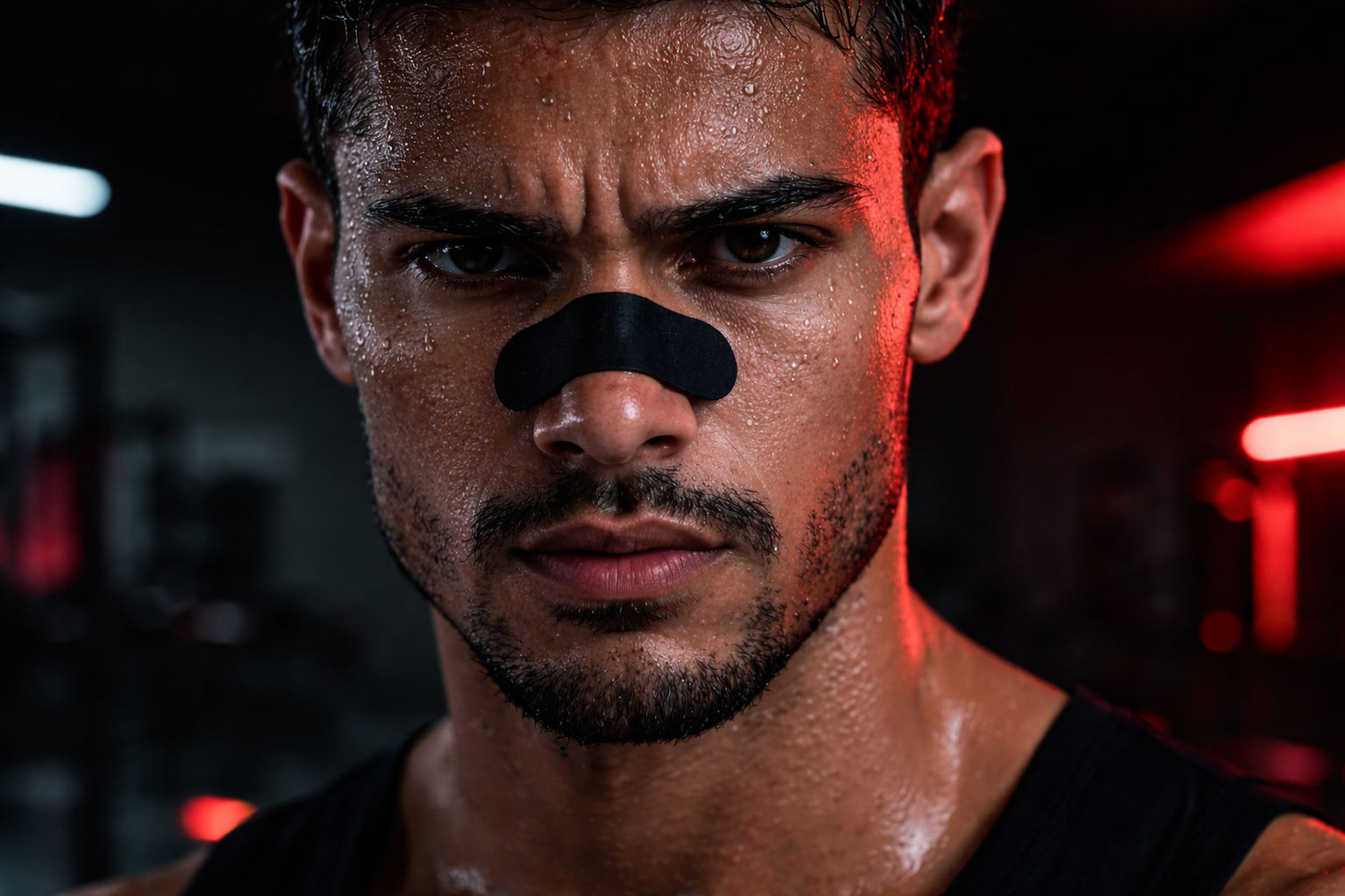 Athlete with a black nose patch in a gym setting