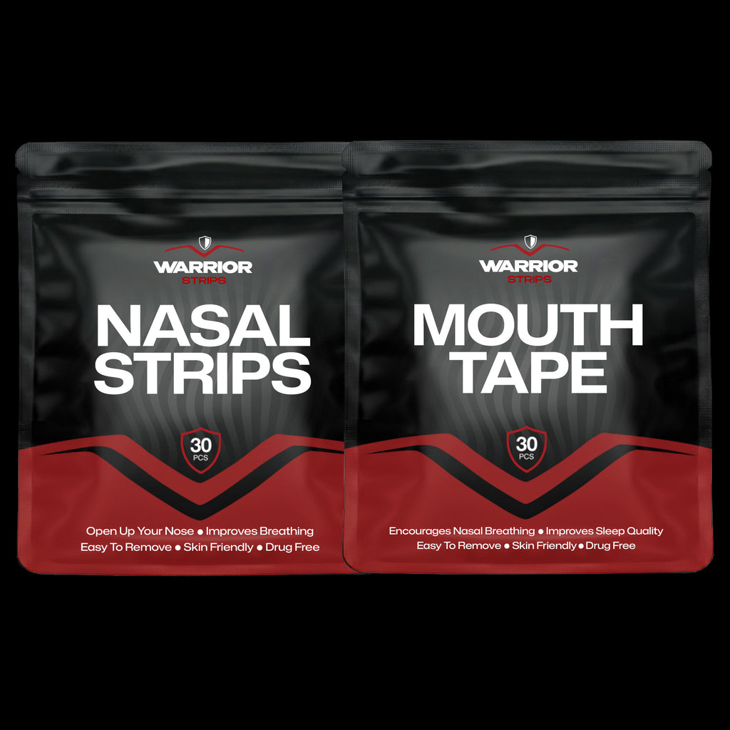 Two packages of Warrior nasal strips and mouth tape on a black background