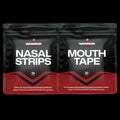 Two packages of Warrior nasal strips and mouth tape on a black background