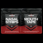 Two packages of Warrior nasal strips and mouth tape on a black background