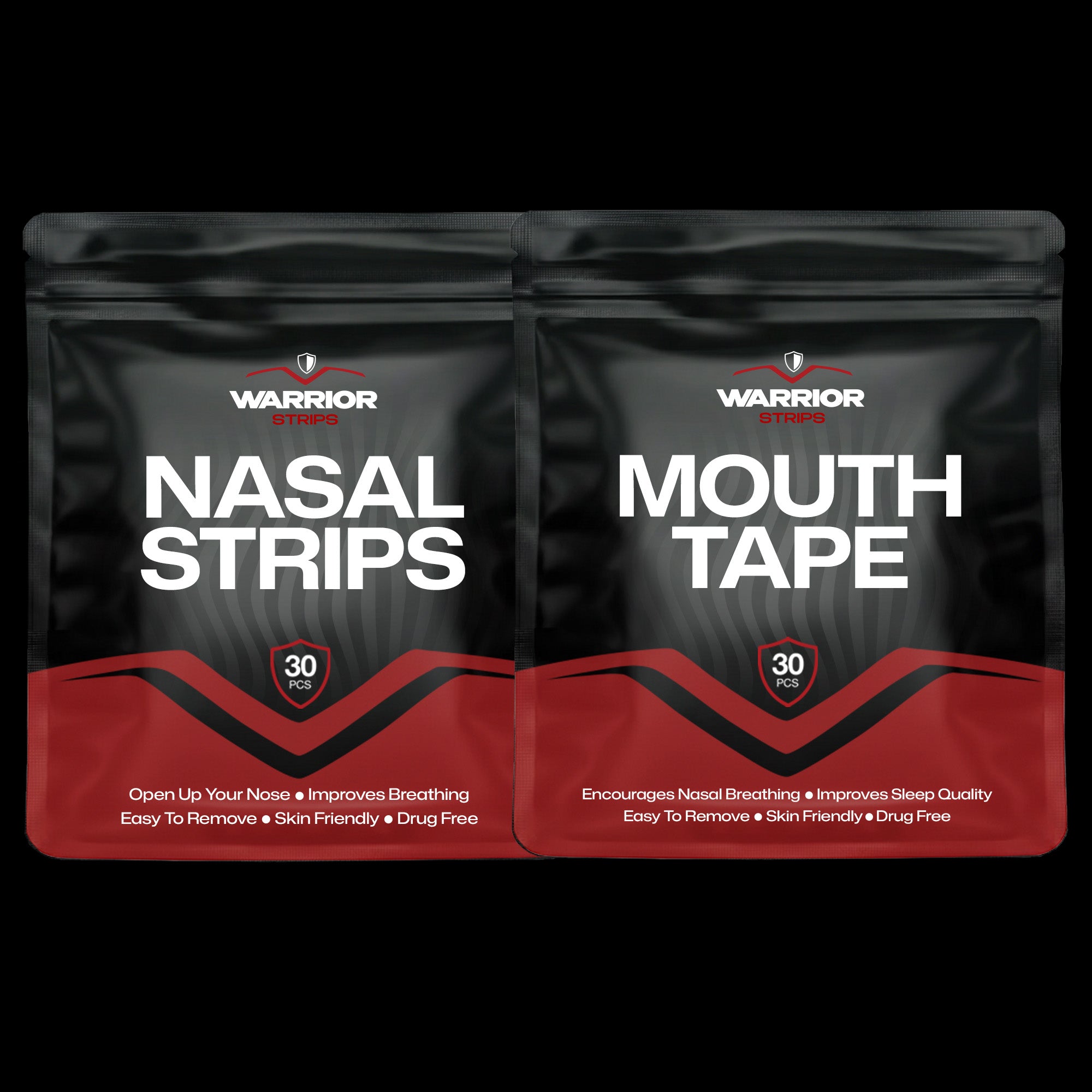 Two packages of Warrior nasal strips and mouth tape on a black background