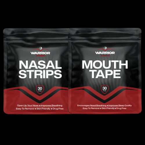 Two packages of Warrior nasal strips and mouth tape on a black background