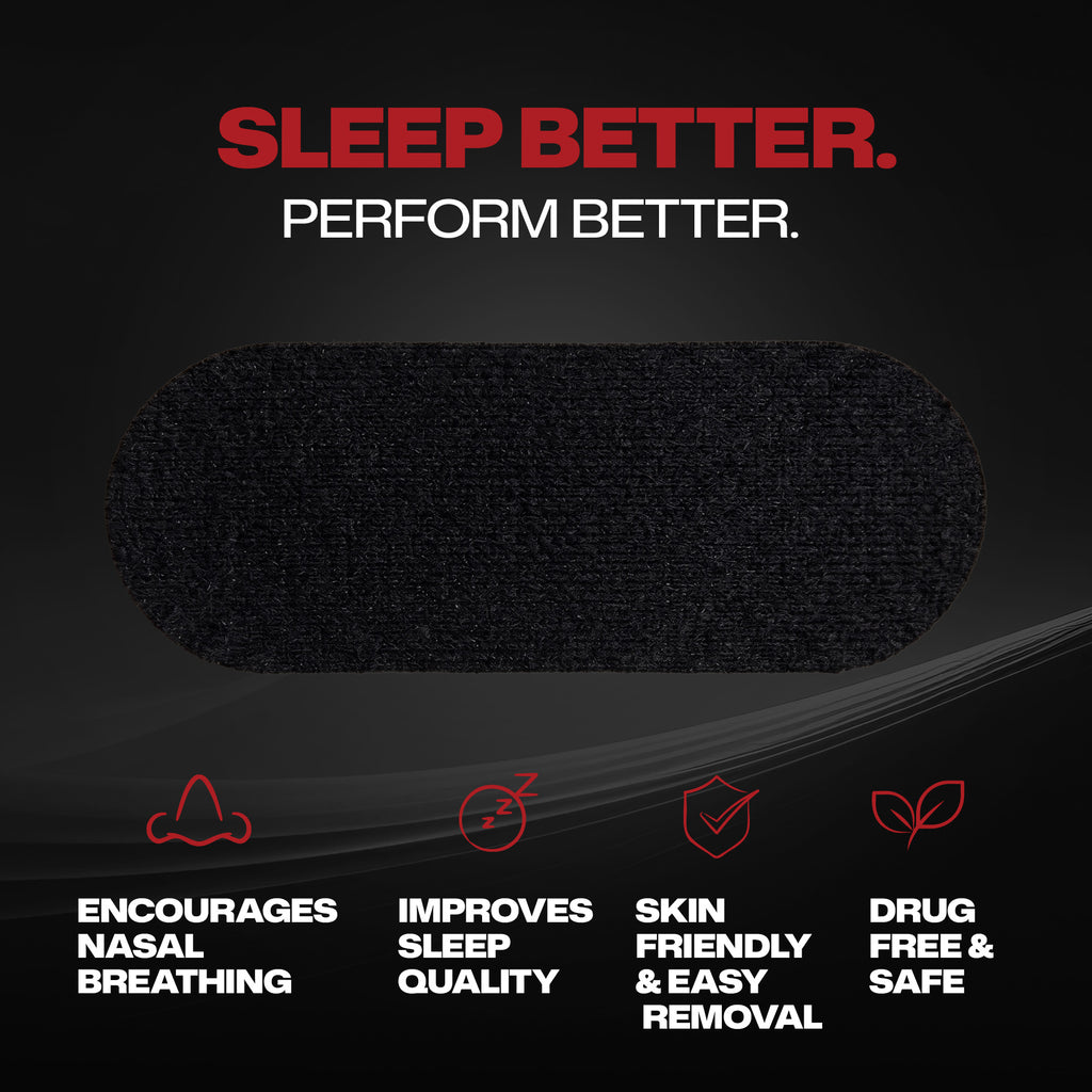Black nasal strip with promotional text on a dark background