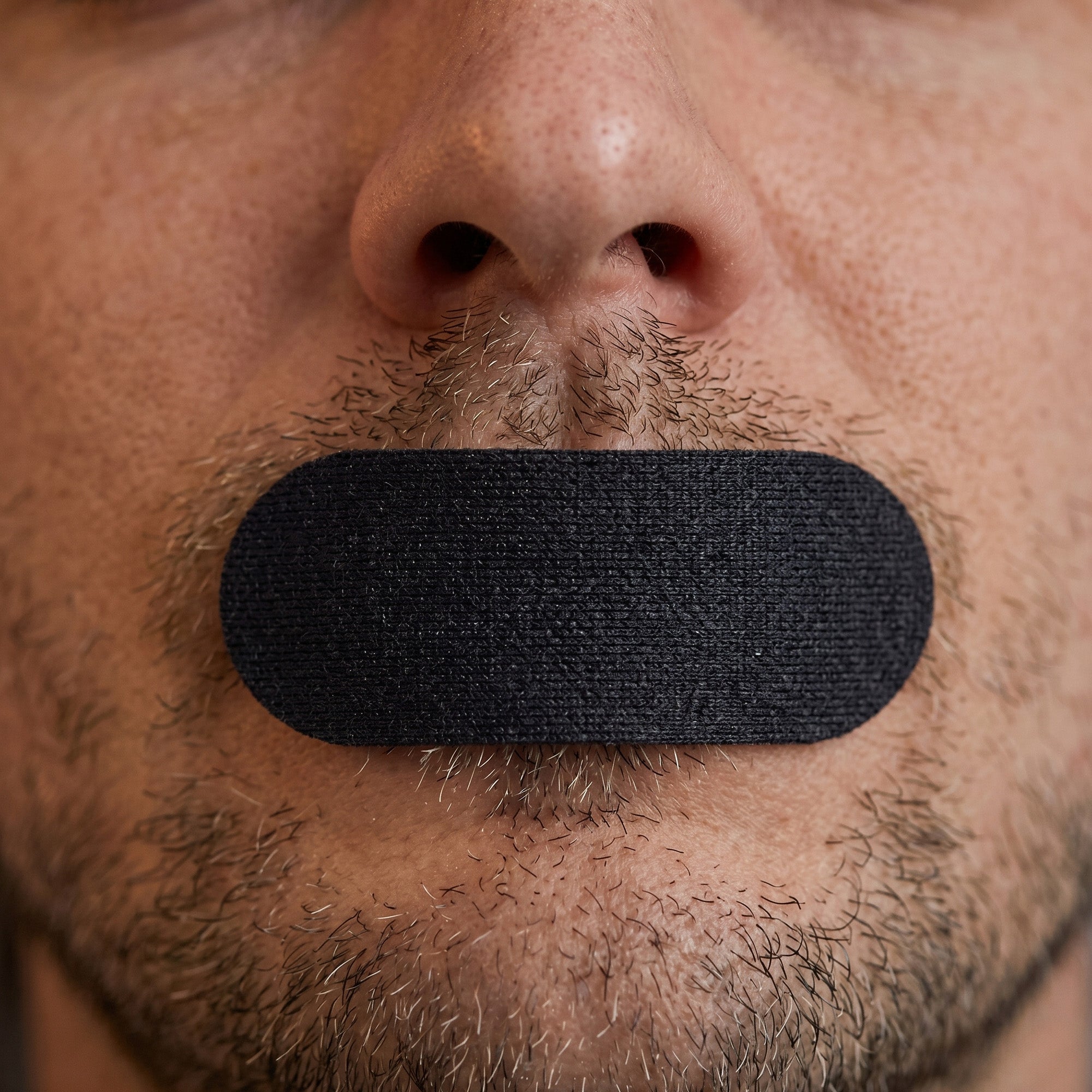Black bandage on a man's nose