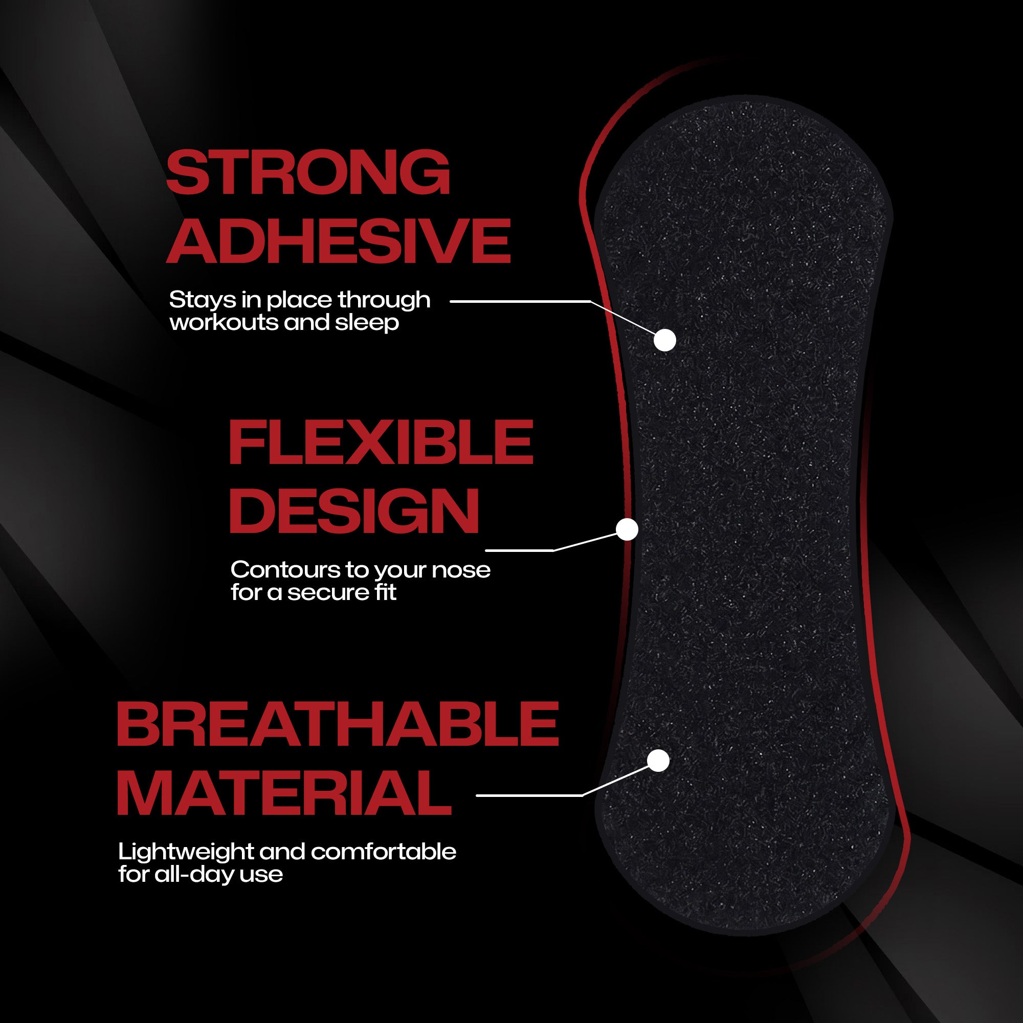 Black insole with red text highlighting features on a black background