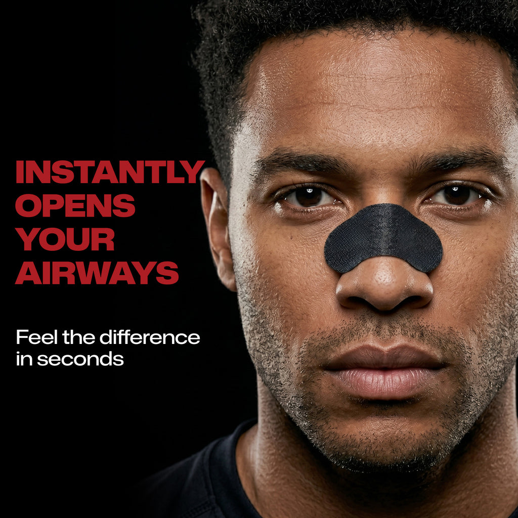 Man with a black strip over his nose against a black background with text about opening airways.
