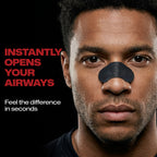 Man with a black strip over his nose against a black background with text about opening airways.