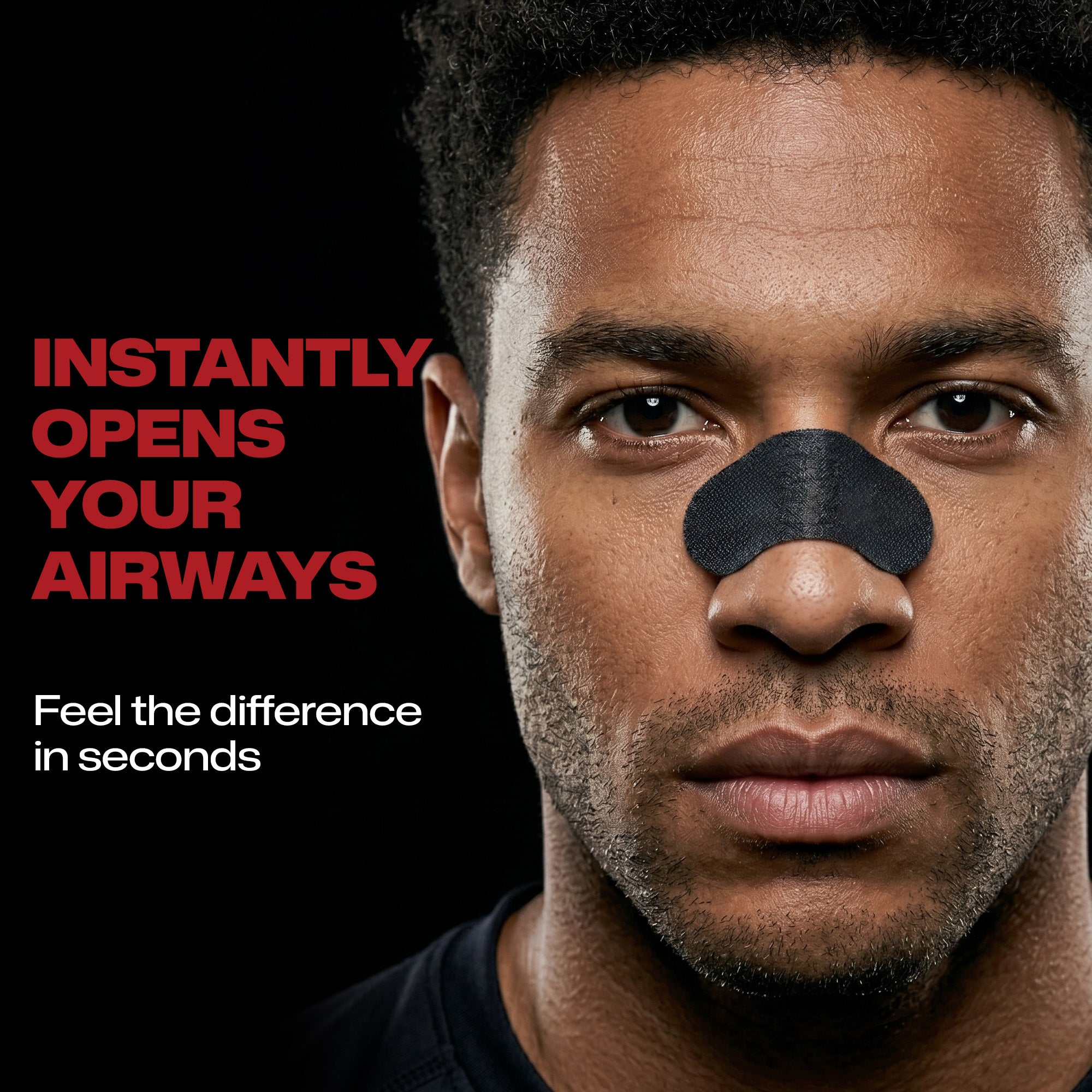 Man with a black strip over his nose against a black background with text about opening airways.