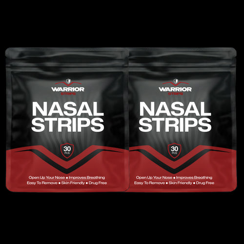 Two packages of Warrior Nasal Strips on a black background