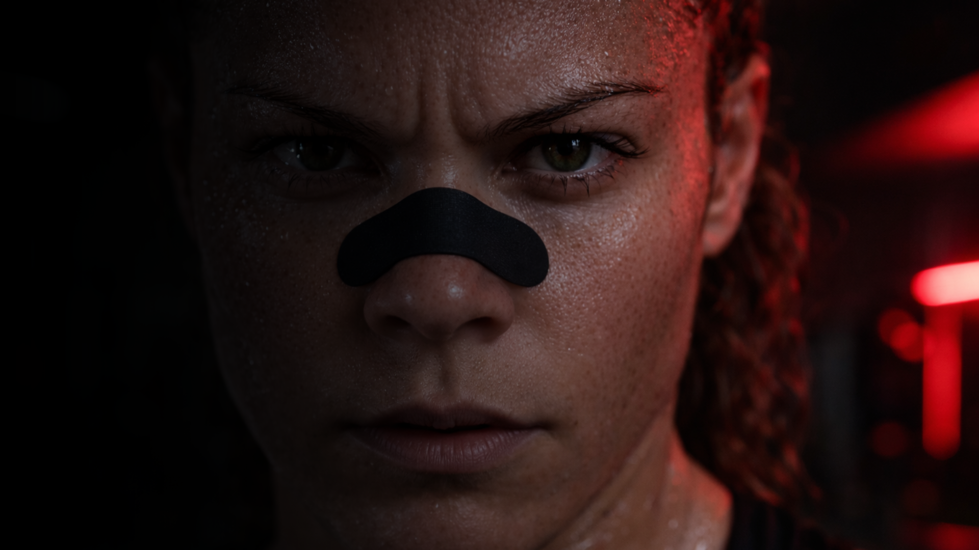 Person with a black nose patch in a dark setting with red lighting